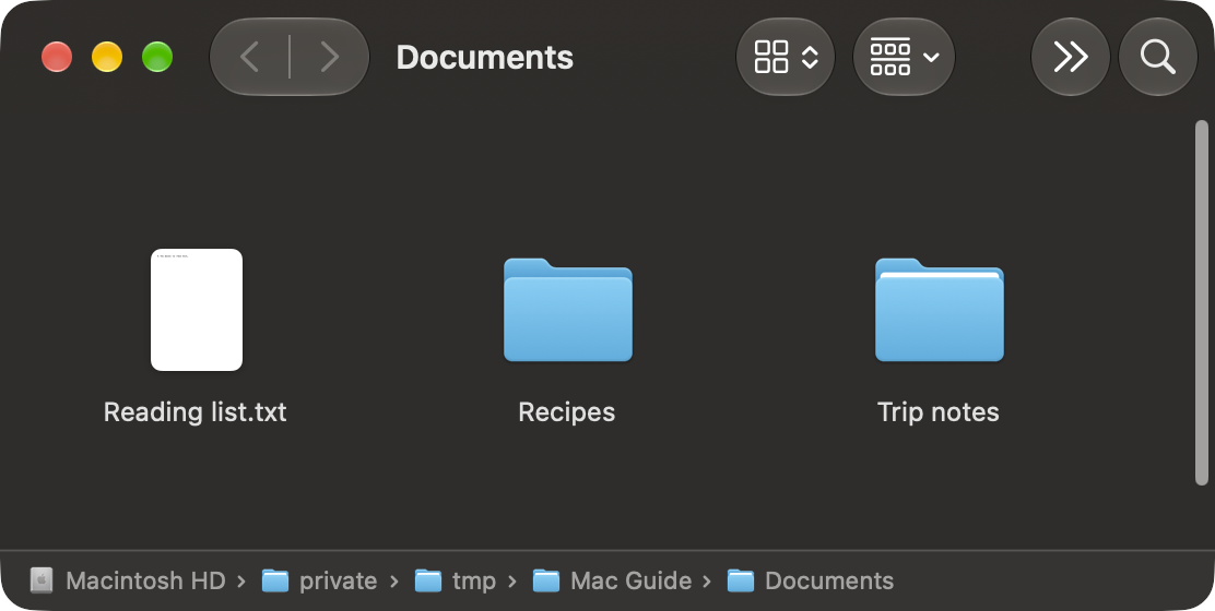A sample Finder window with the Path Bar showing the folders leading to Documents at the bottom.