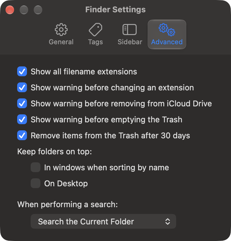 Finder Settings on the Advanced tab, with When performing a search set to Search the Current Folder.