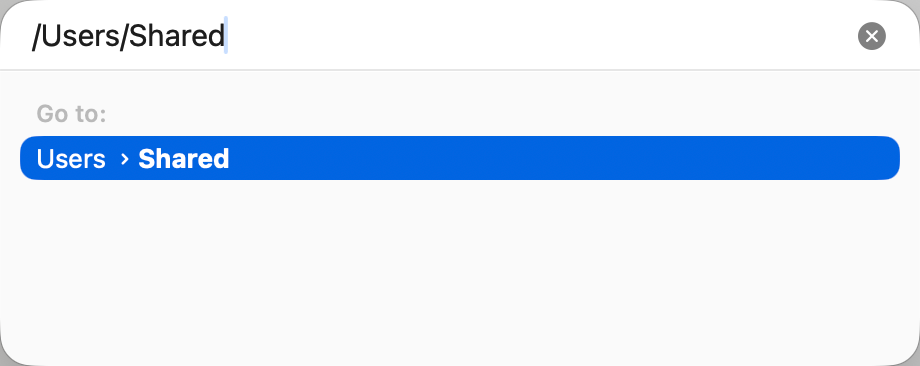 Finder's Go to Folder field with /Users/Shared entered and the matching Shared folder highlighted.