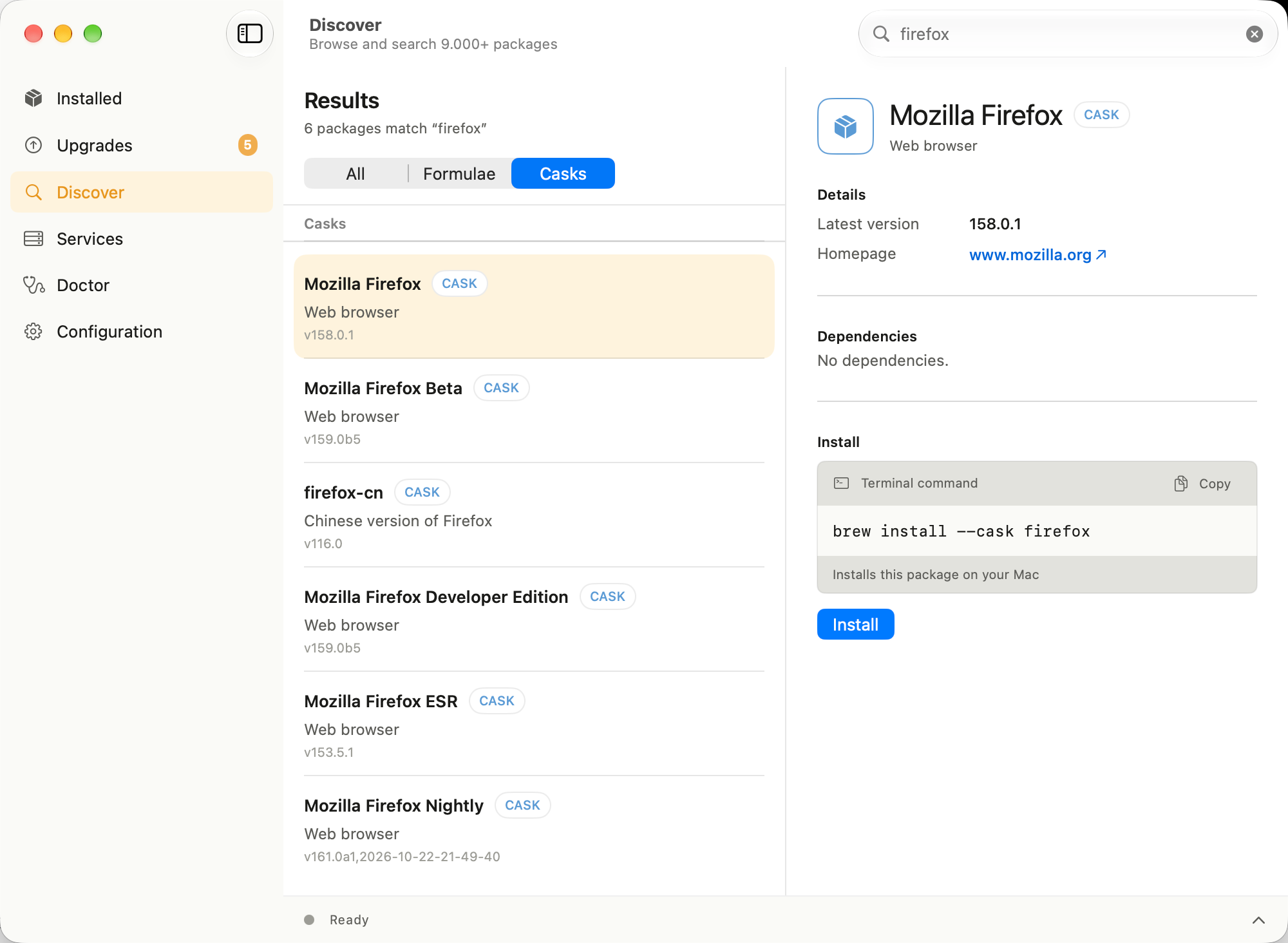 Homebrew's graphical app showing a search for Firefox in its Discover view, with Mozilla Firefox selected and its installation controls visible.