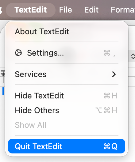 The TextEdit app menu open in the menu bar, with Quit TextEdit highlighted and Command-Q shown beside it.