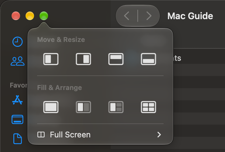 The green window button's menu, showing Move & Resize positions, Fill & Arrange layouts, and a separate Full Screen submenu.